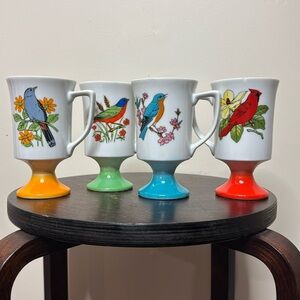 Vintage bird pedestal mugs cups set of 4 vintage